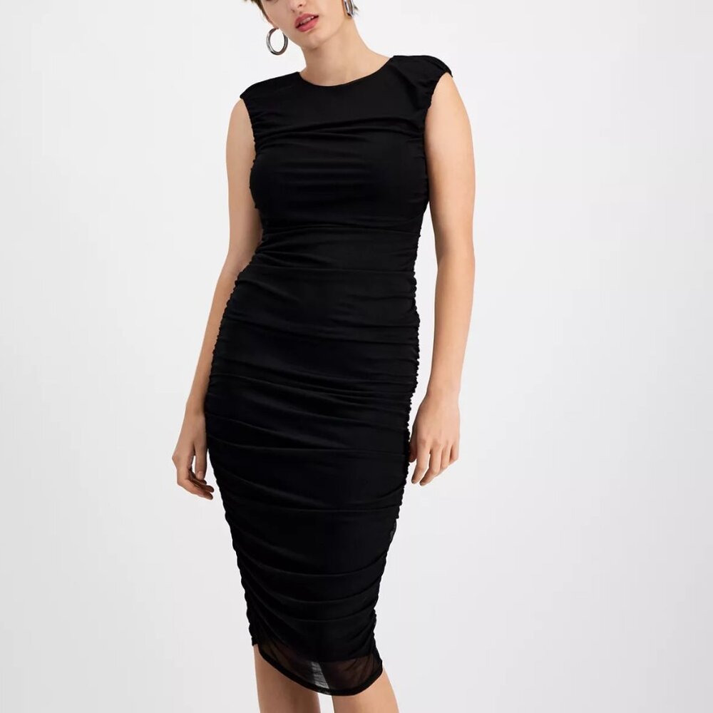 NWT Sexy Bar III Black Sleeveless Ruched Mesh Midi Dress - LBD